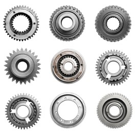 Image of Set with different stainless steel gears on white background, top view