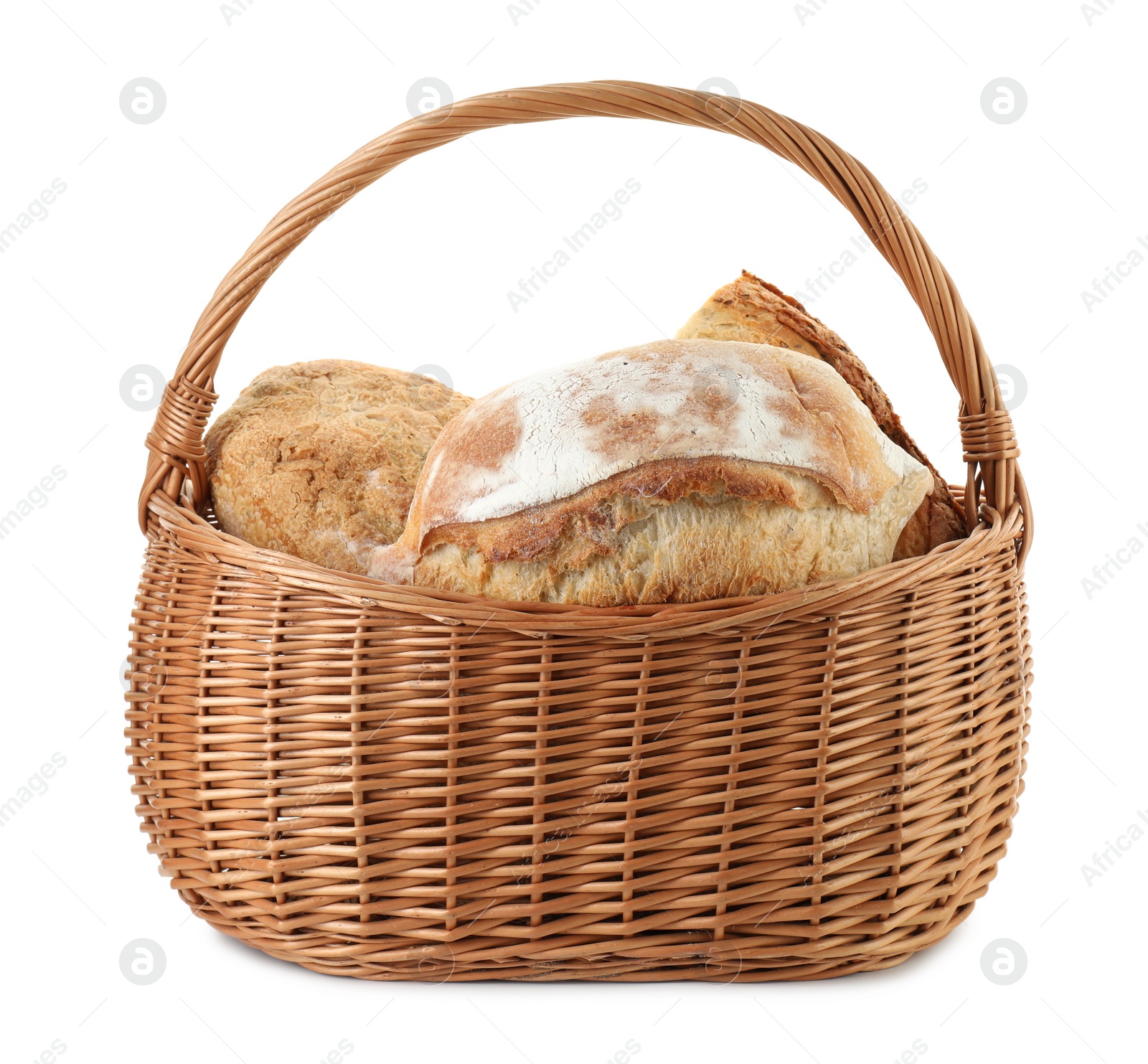 Photo of Wicker basket with different types of fresh bread isolated on white