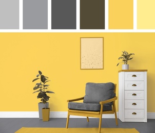 Color of the year 2021. Stylish armchair and plants in room