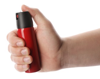 Photo of Man holding pepper spray on white background, closeup