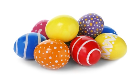 Photo of Decorated Easter eggs on white background. Festive tradition