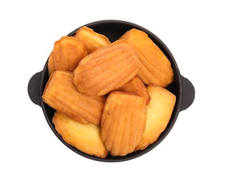 Photo of Frying pan with delicious madeleine cakes on white background, top view