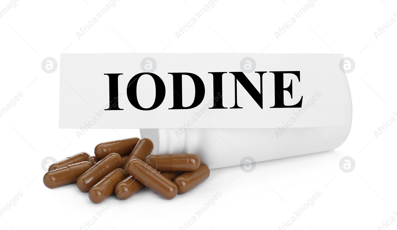 Photo of Card with word Iodine and jar with pills isolated on white