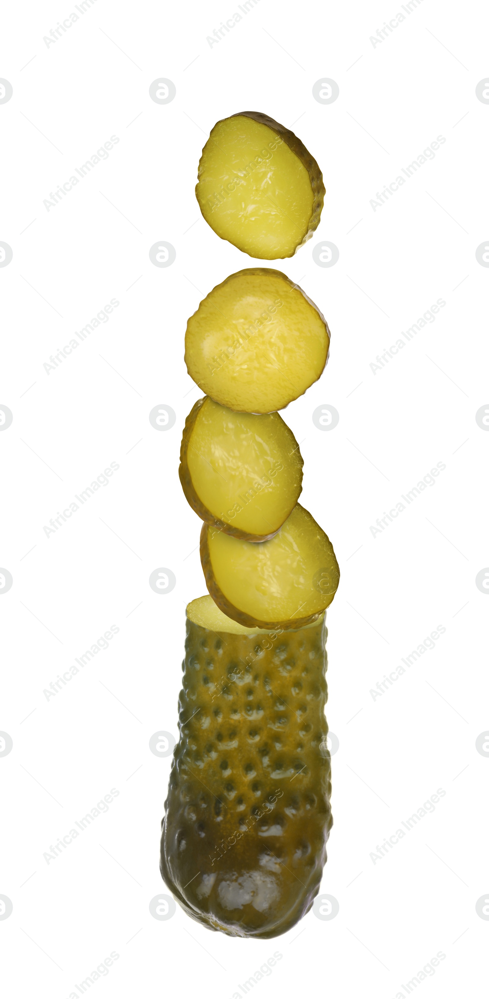 Image of Tasty cut pickled cucumber on white background