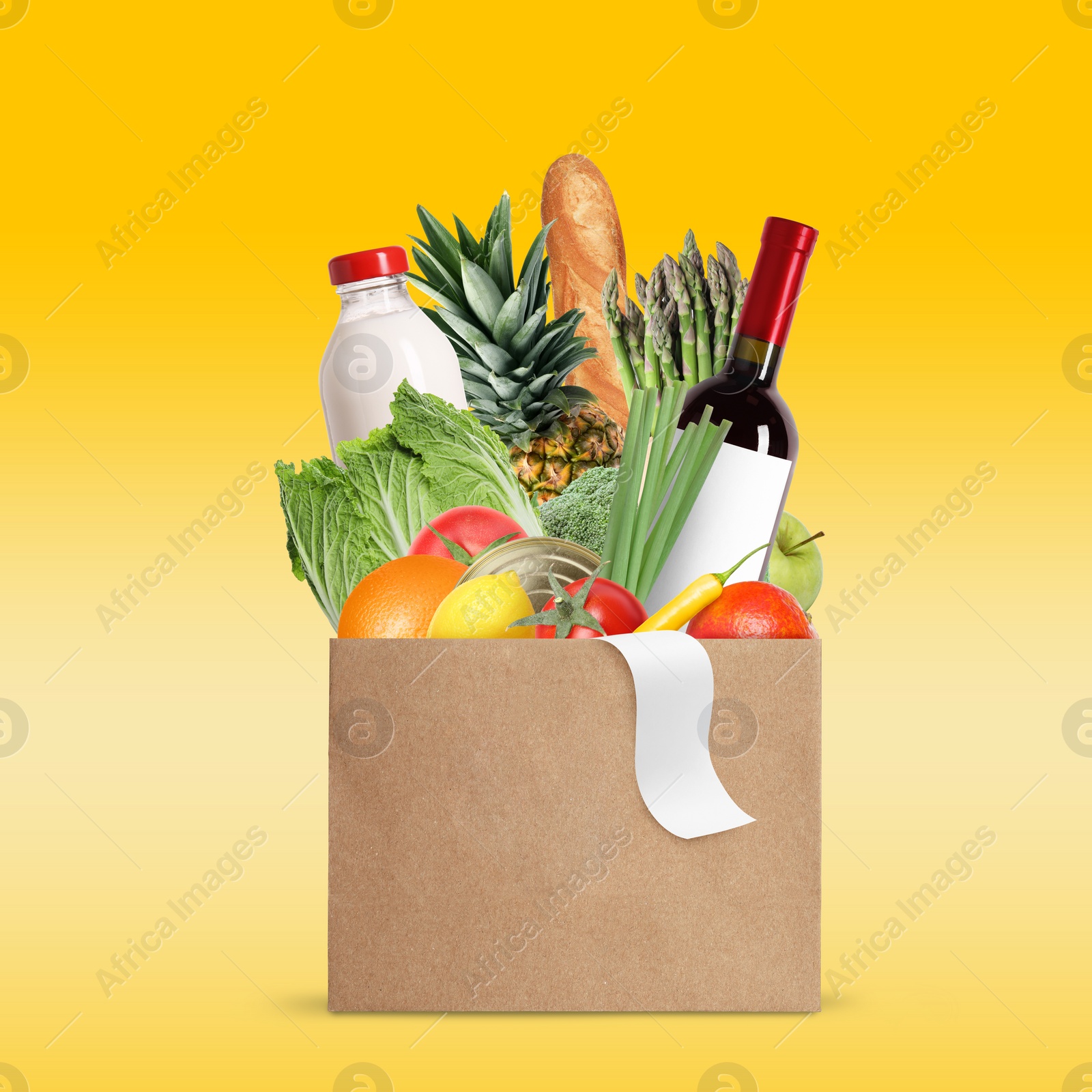 Image of Paper bag with different products and receipt on golden gradient background