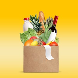 Image of Paper bag with different products and receipt on golden gradient background