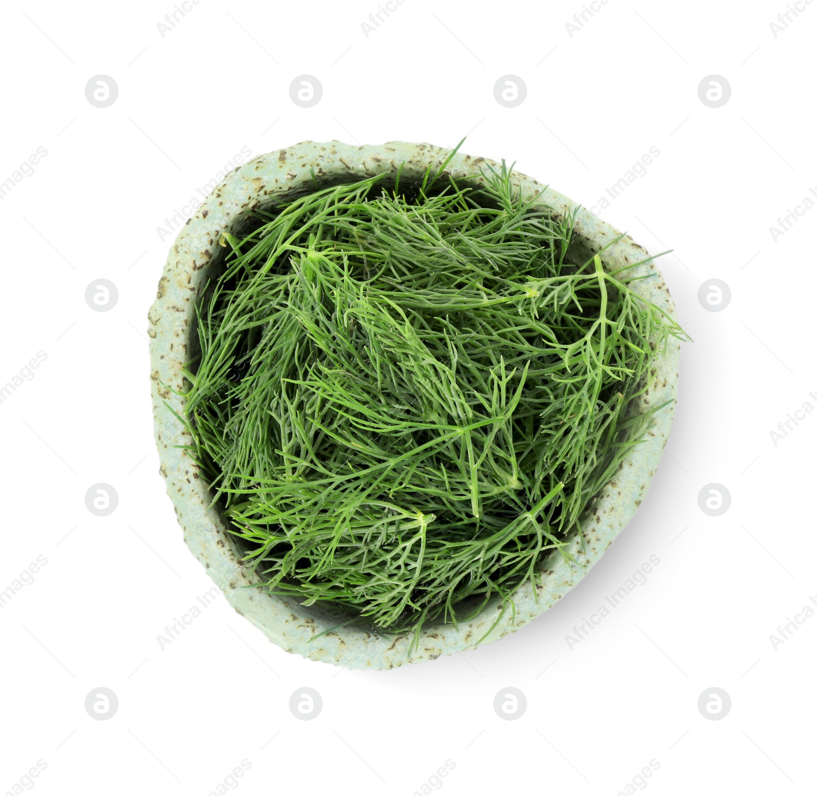 Photo of Bowl of fresh dill isolated on white, top view