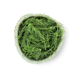 Bowl of fresh dill isolated on white, top view