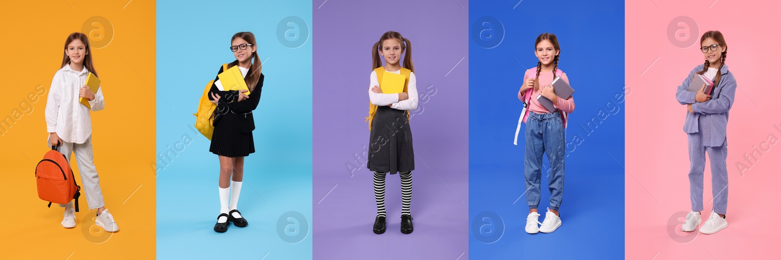 Image of Schoolgirl on color backgrounds, set of photos