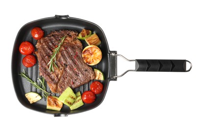 Delicious grilled beef steak and vegetables in frying pan isolated on white, top view