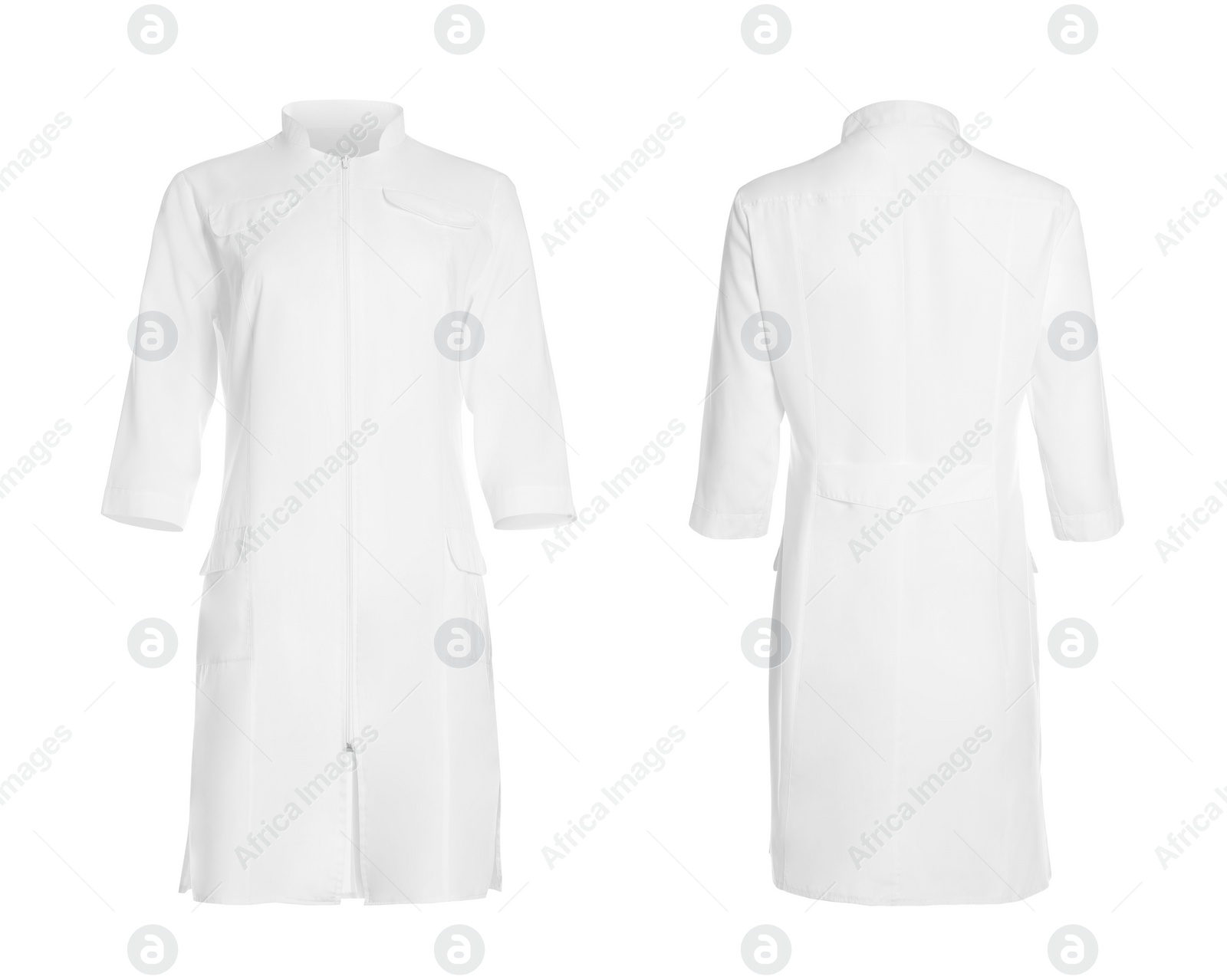 Image of Medical uniform isolated on white, collage with back and front views