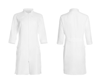 Image of Medical uniform isolated on white, collage with back and front views