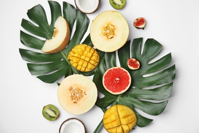 Photo of Flat lay composition with melon and other fruits on white background