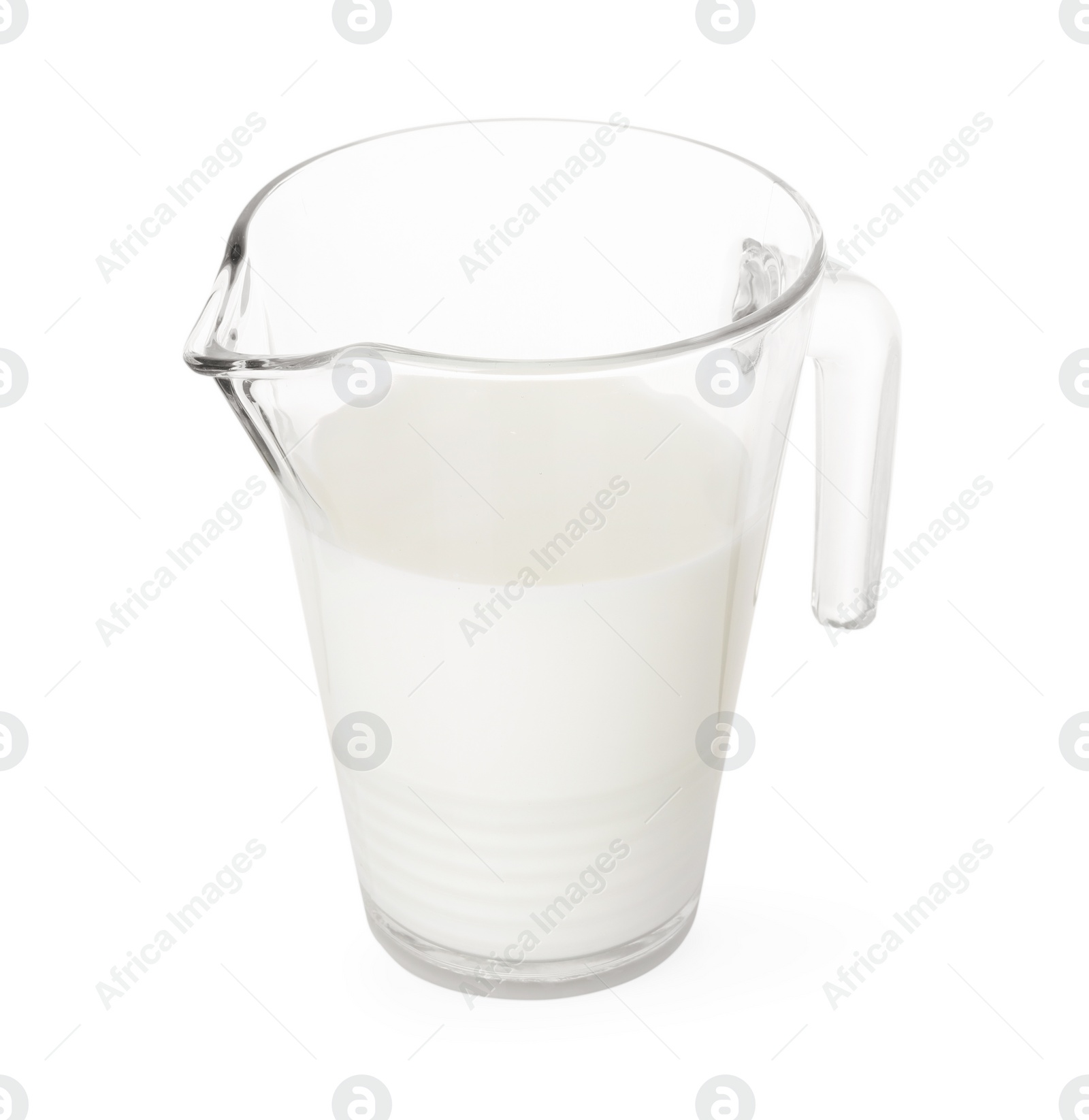 Photo of Glass jug with fresh milk isolated on white