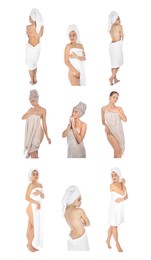 Image of Collage with photos of beautiful women with soft towels on white background. Vertical banner design