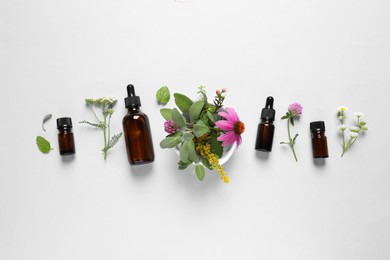 Bottles of essential oils, different herbs and flowers on white background, flat lay