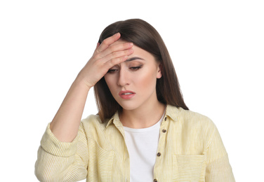 Portrait of emotional young woman on white background