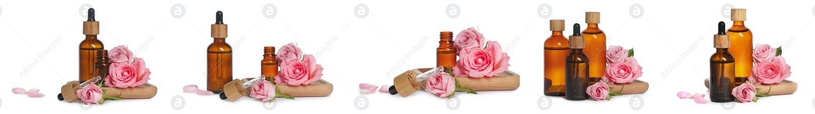 Image of Set with bottles of essential rose oil and flowers on white background. Banner design