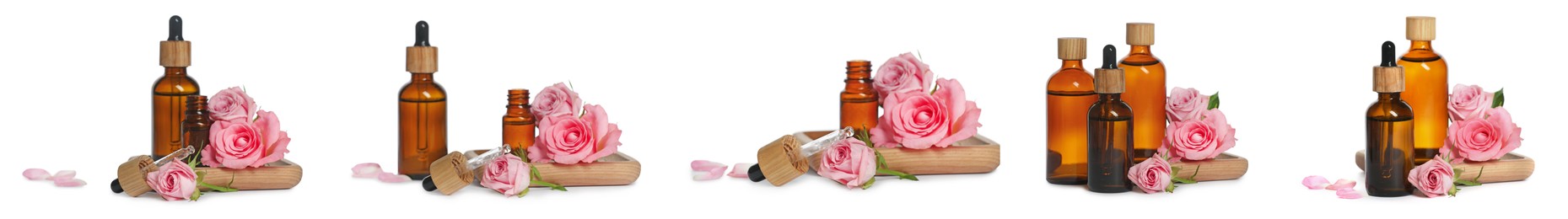 Set with bottles of essential rose oil and flowers on white background. Banner design