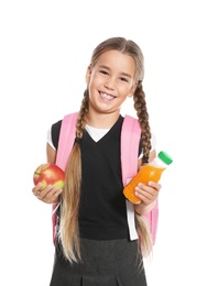 Photo of Schoolgirl with healthy food and backpack on white background