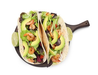 Photo of Delicious tacos with shrimps, avocado and lime on white background, top view