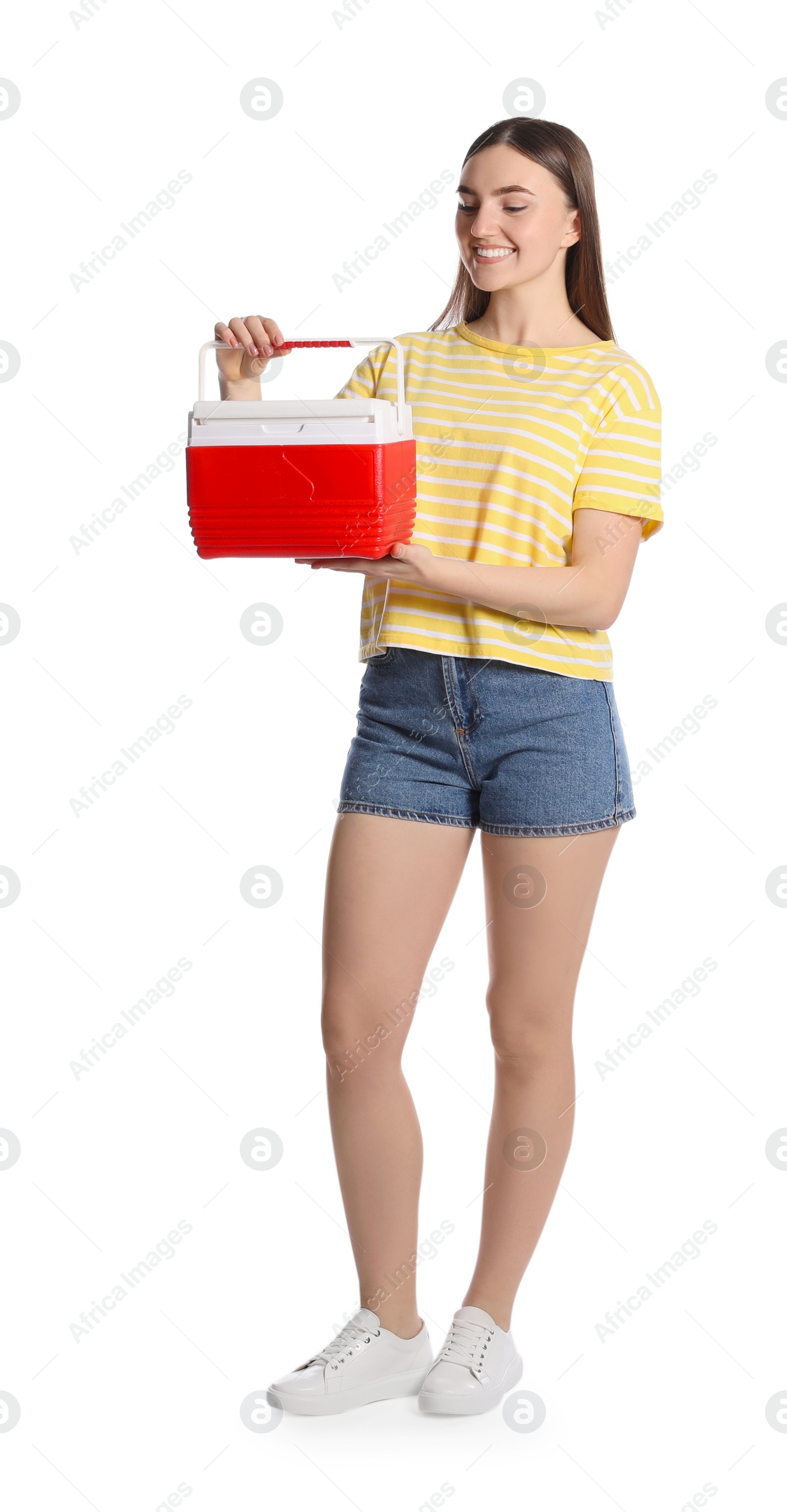 Photo of Happy young woman with plastic cool box isolated on white