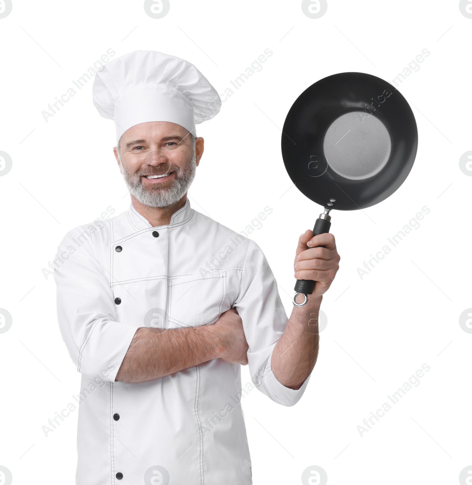 Photo of Happy chef in uniform with wok isolated on white