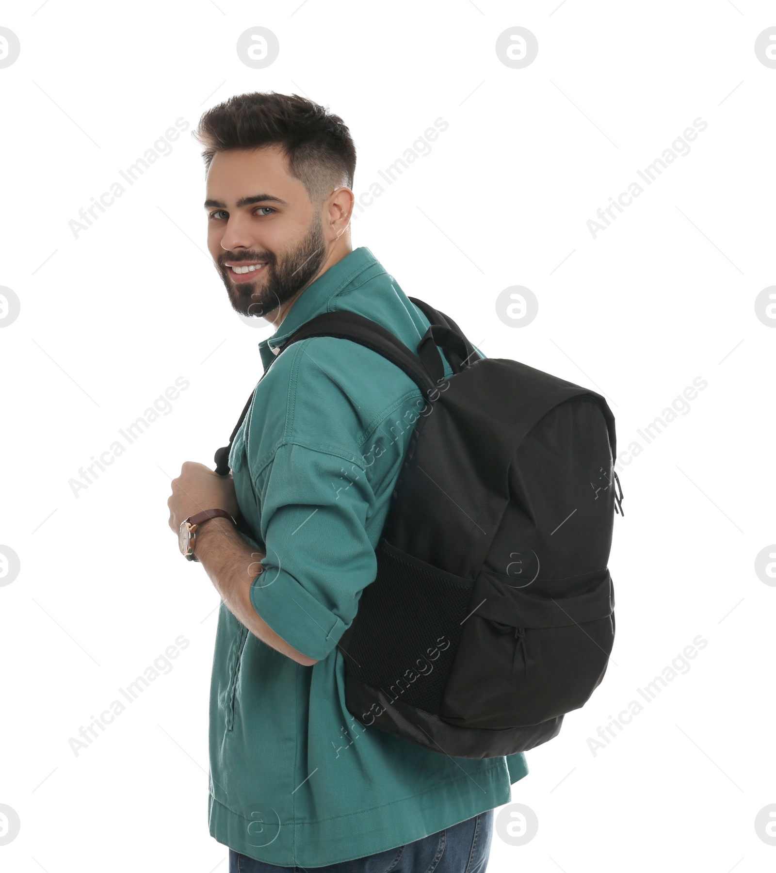 Photo of Young man with stylish backpack on white background