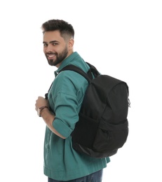 Young man with stylish backpack on white background