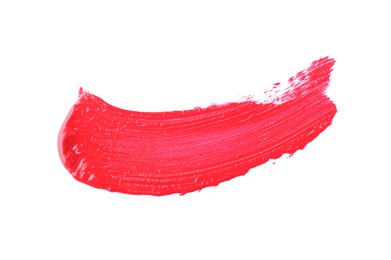 Photo of Stroke of pink lip gloss isolated on white, top view