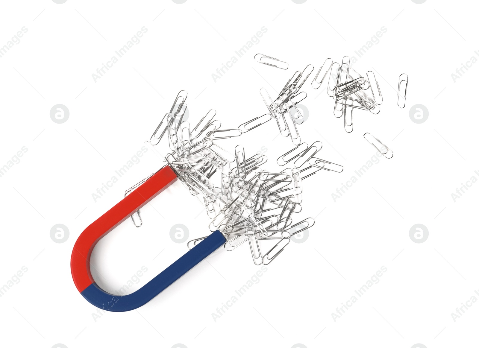 Photo of Magnet attracting paper clips on white background, top view