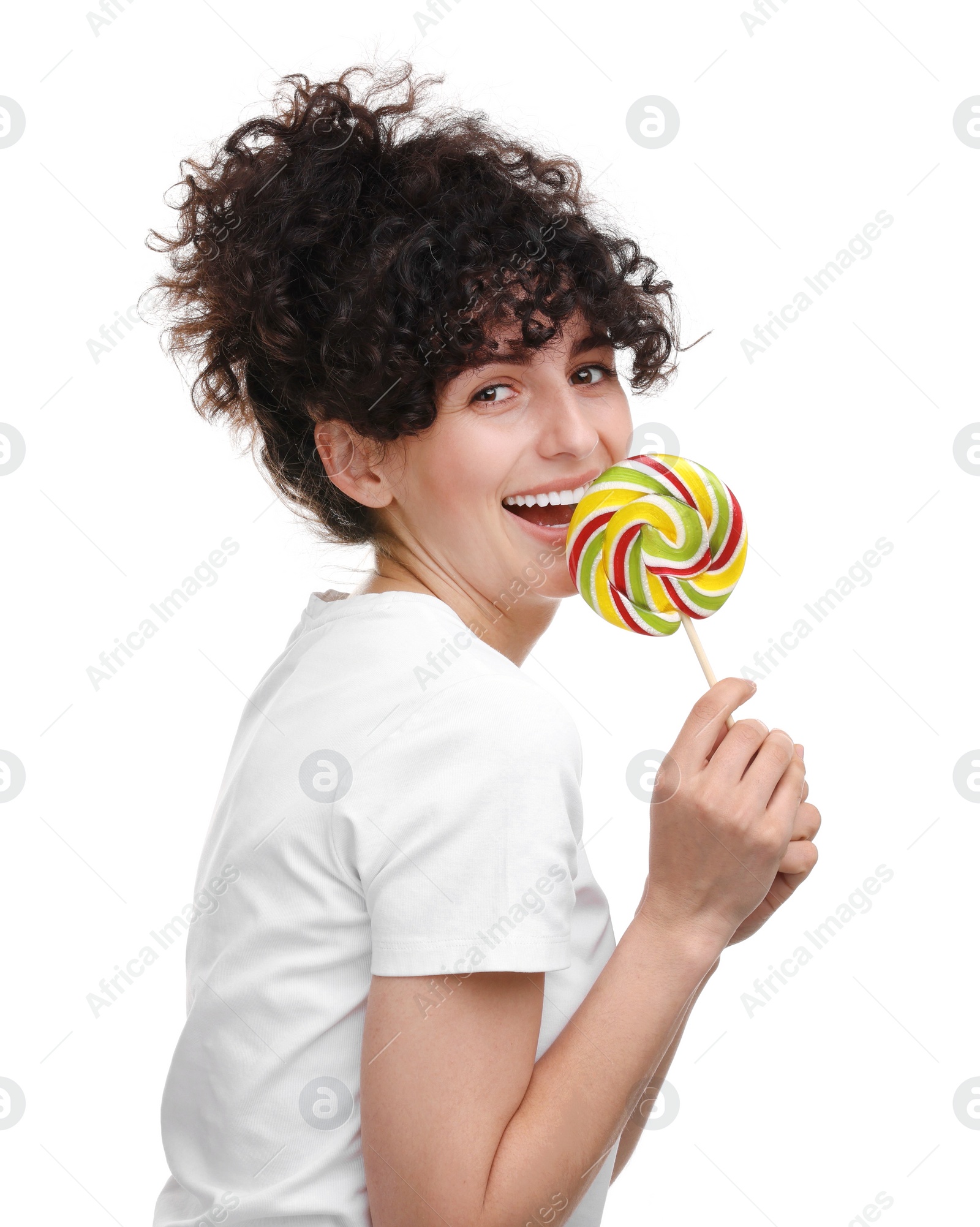 Photo of Beautiful woman with lollipop on white background