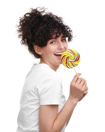 Photo of Beautiful woman with lollipop on white background