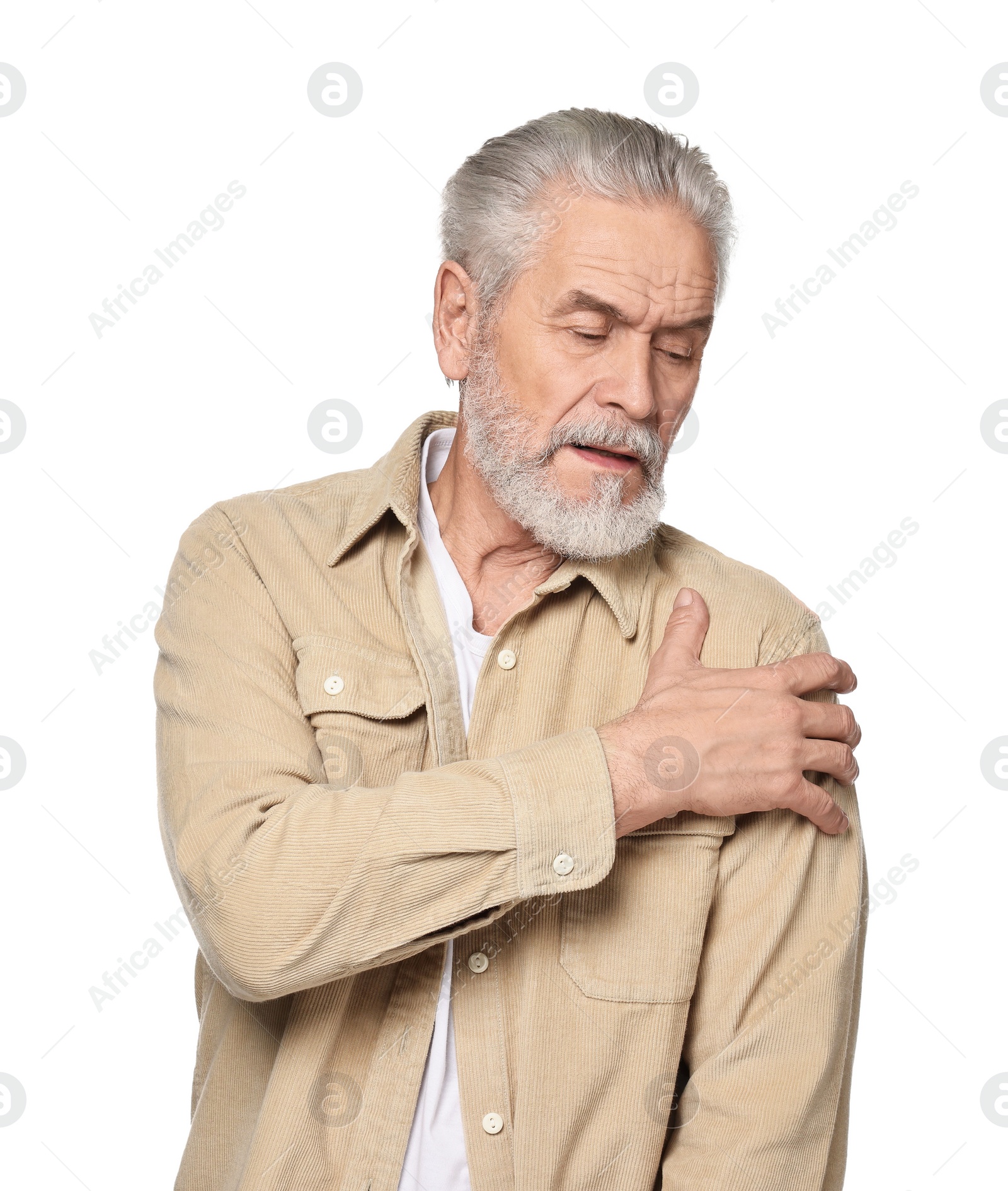 Photo of Arthritis symptoms. Man suffering from pain in shoulder on white background