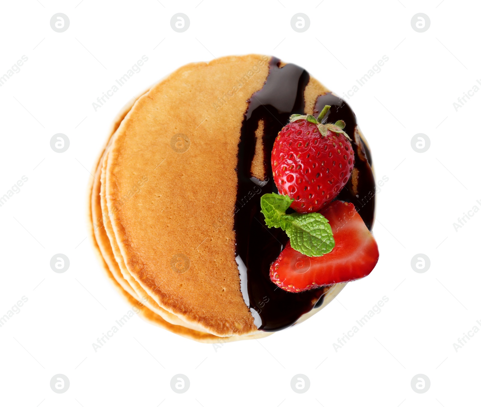 Photo of Stack of tasty pancakes with fresh berries and chocolate on white background, top view