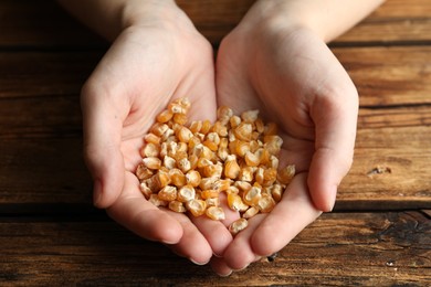 Photo of Woman holding pile of corn seeds at wooden table, closeup. Vegetable planting