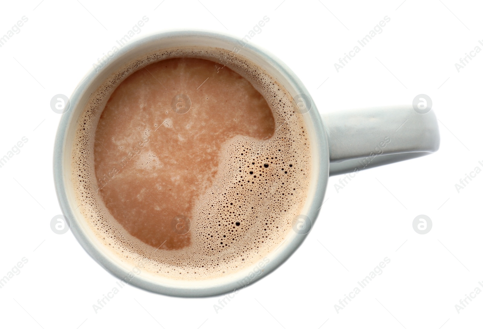 Photo of Mug with delicious hot cocoa drink on white background, top view