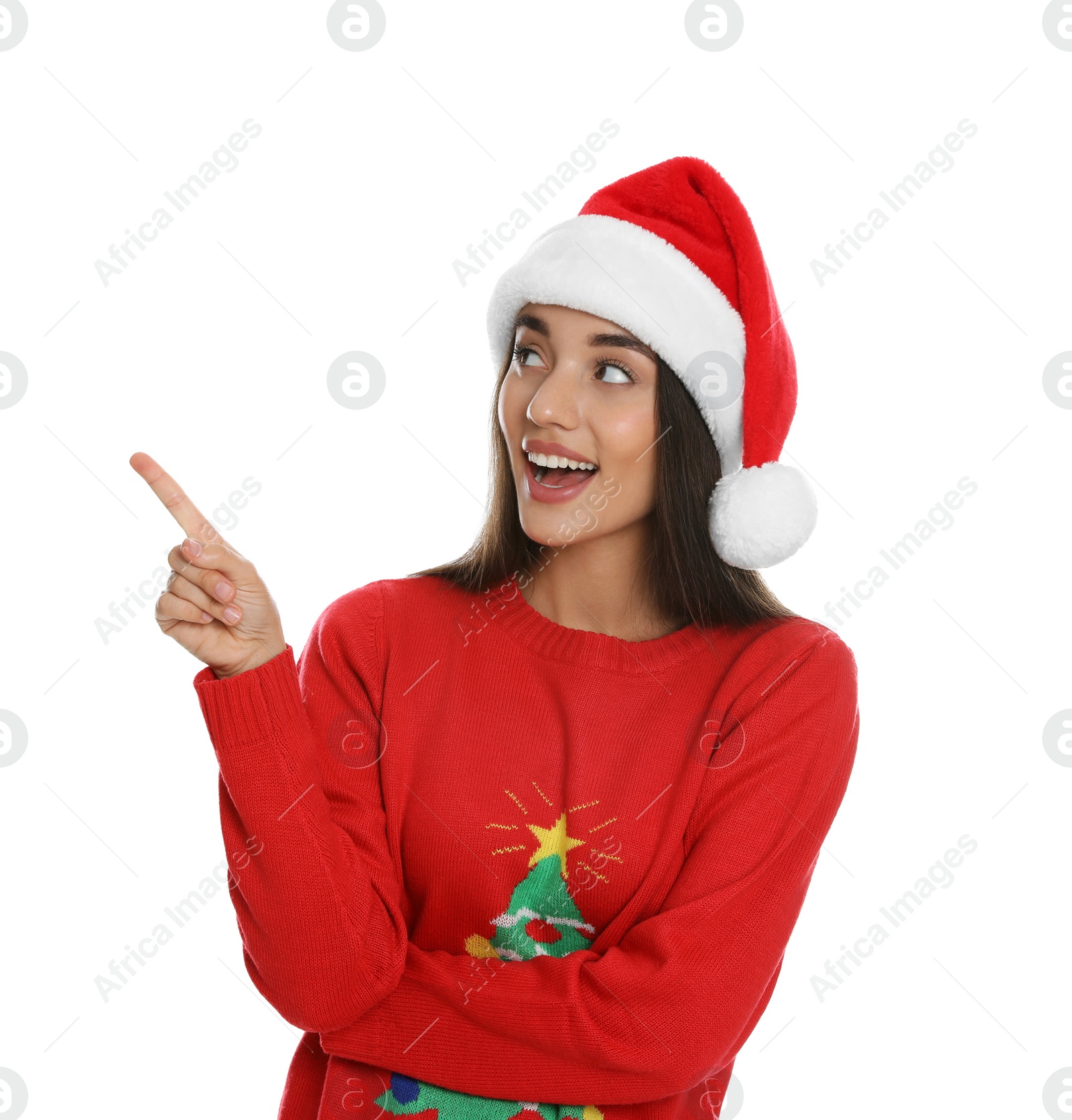 Photo of Happy woman in Santa hat on white background. Christmas countdown