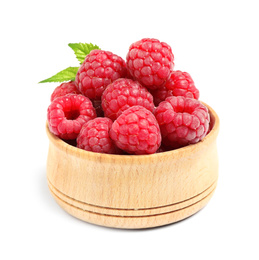 Fresh ripe raspberries in bowl isolated on white