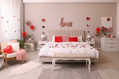 Photo of Cozy bedroom decorated for Valentine Day. Interior design