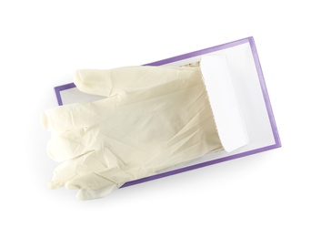 Photo of Box of new medical gloves isolated on white, top view