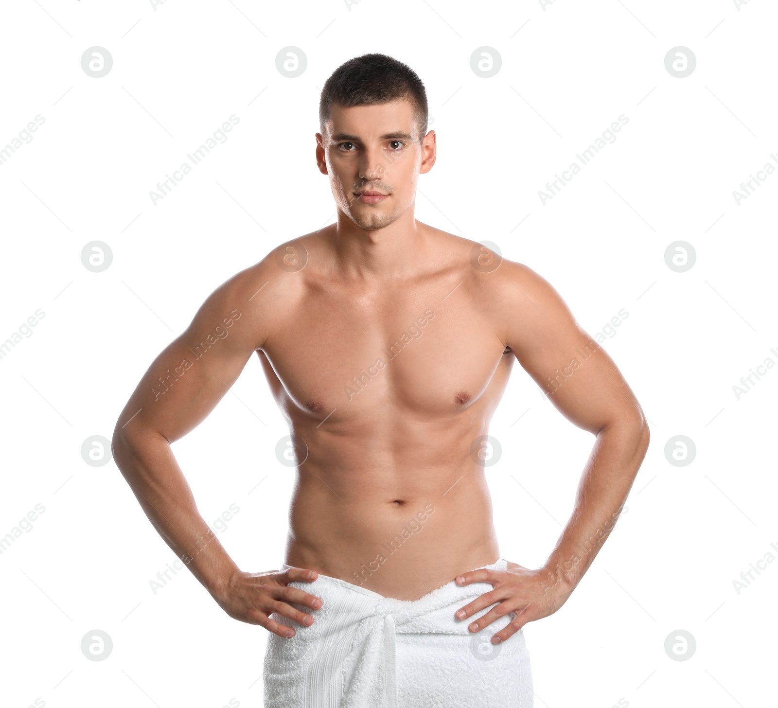 Photo of Young man with slim body on white background