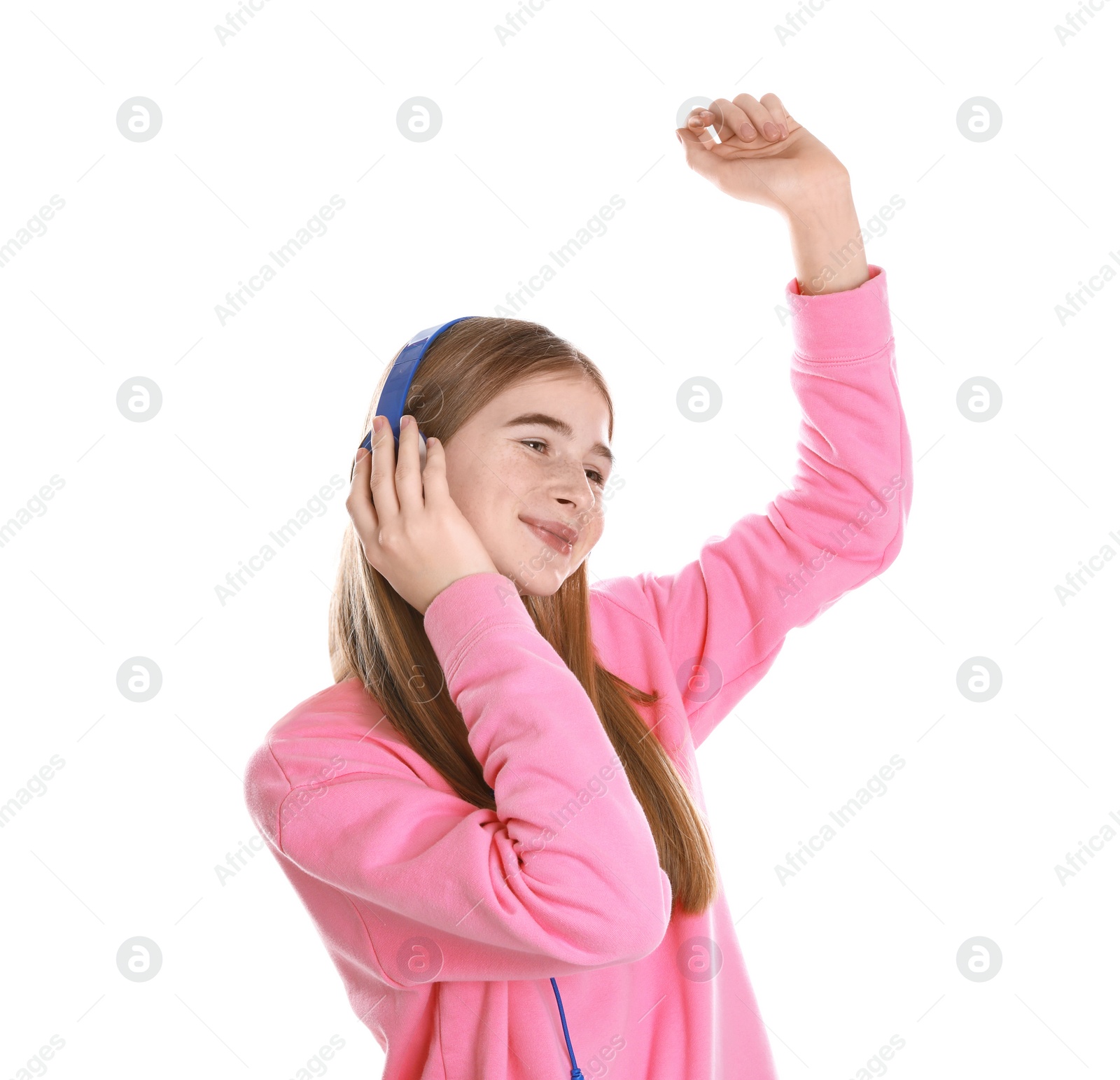 Photo of Teenage girl enjoying music in headphones on white background