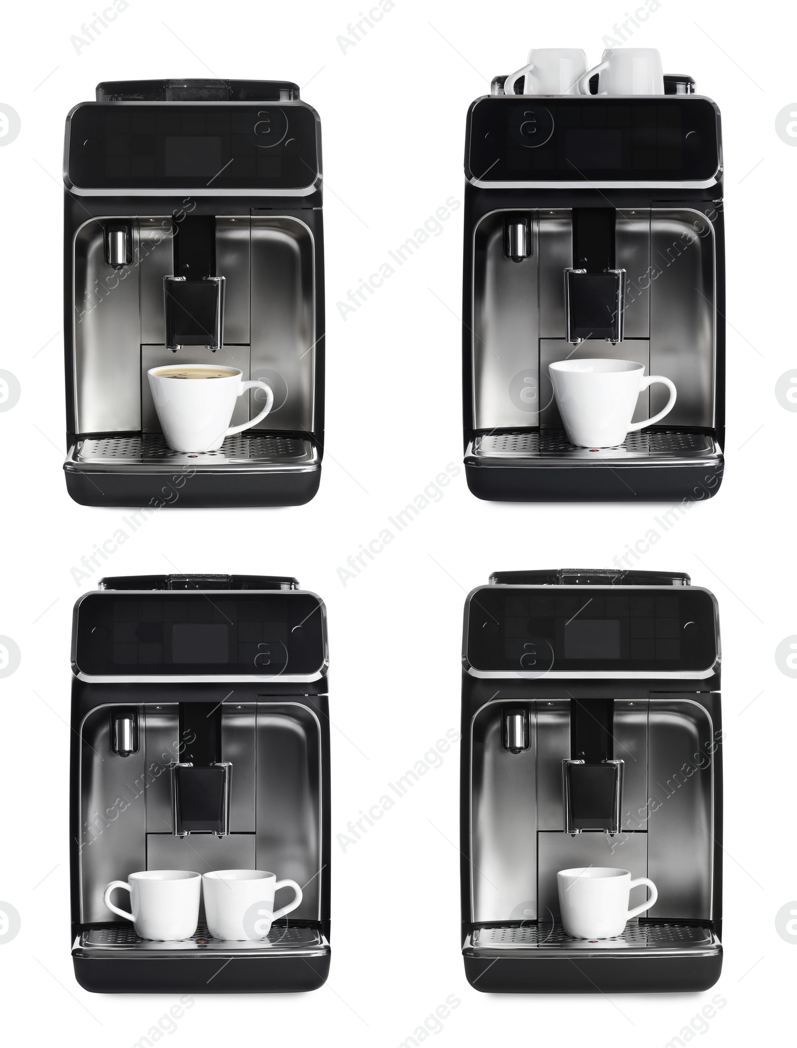 Image of Set with modern electric coffee machines on white background