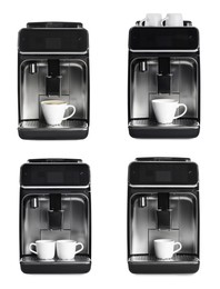 Set with modern electric coffee machines on white background