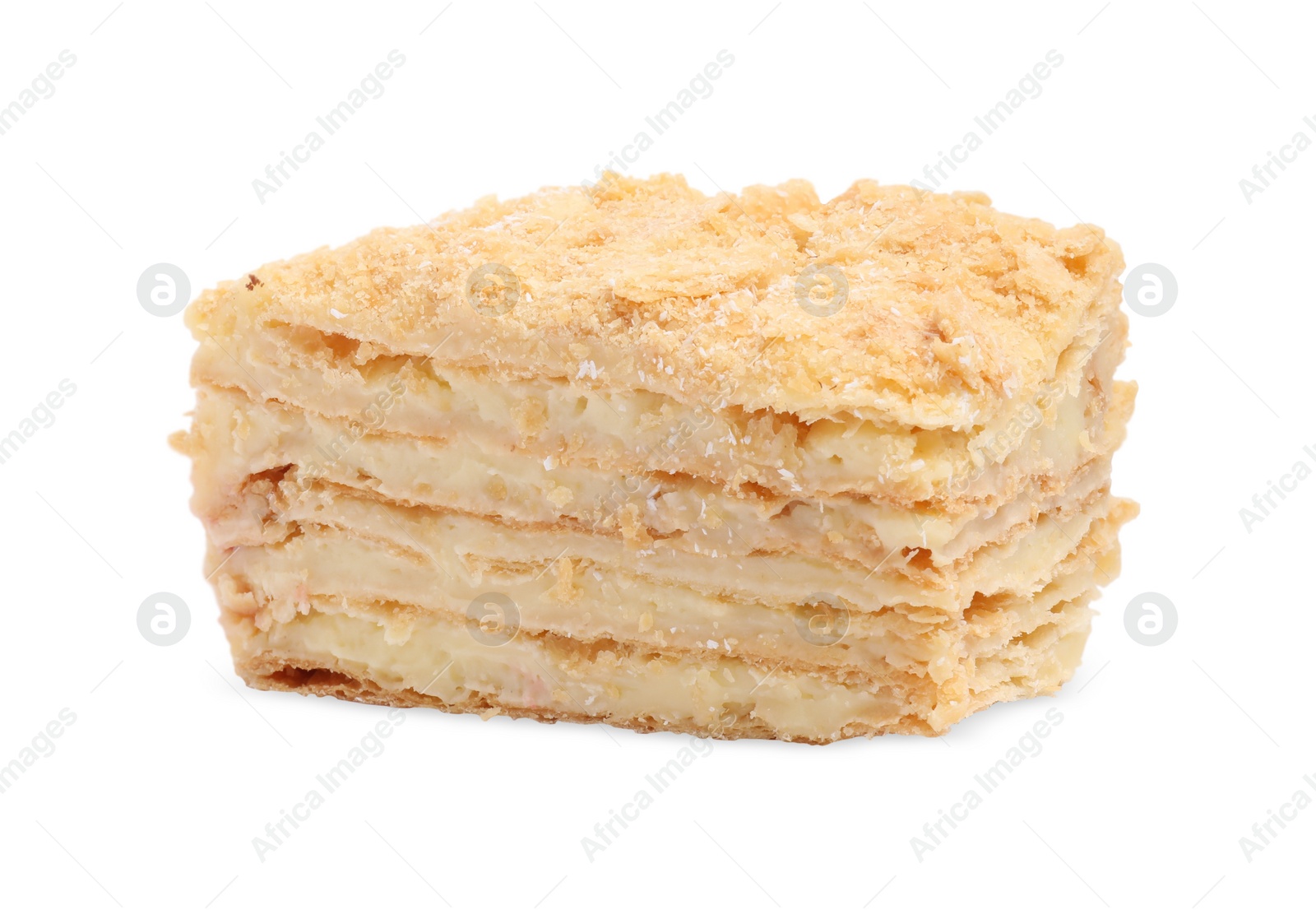 Photo of Piece of delicious Napoleon cake isolated on white