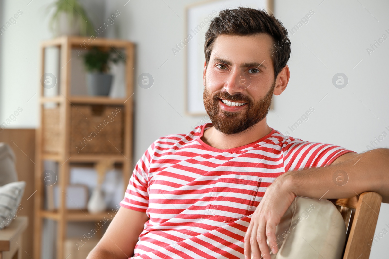 Photo of Portrait of handsome bearded man in armchair at home, space for text