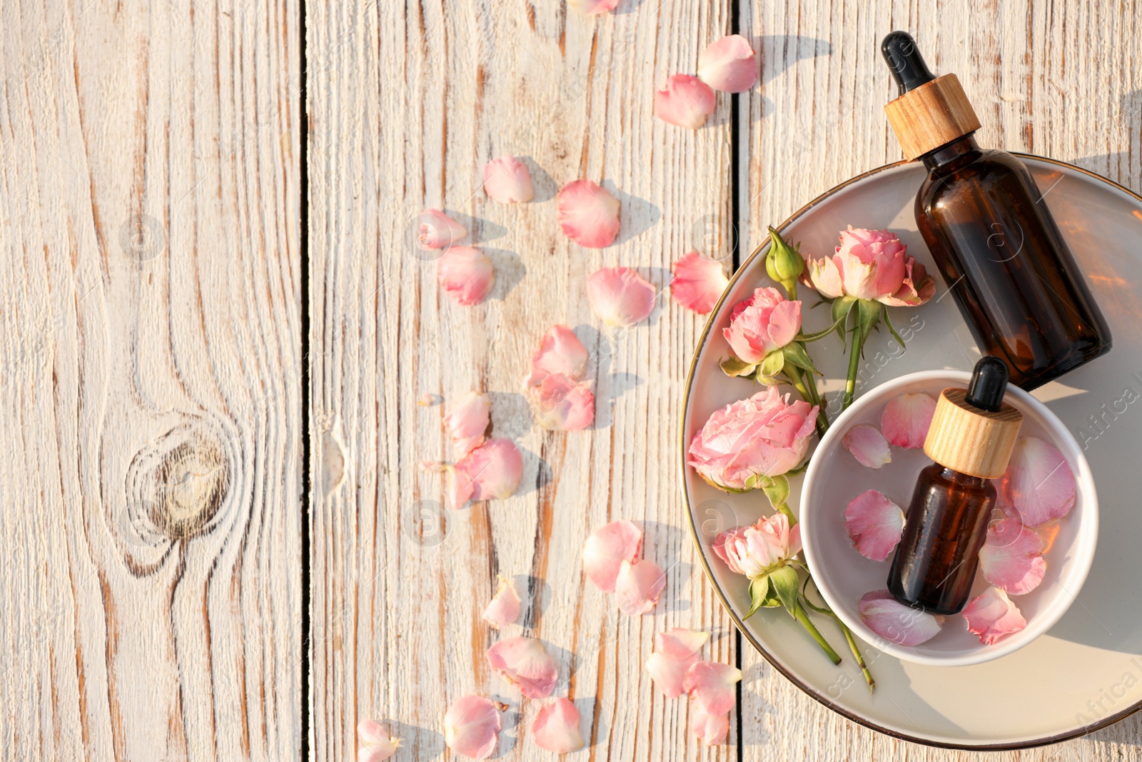 Photo of Bottles of rose essential oil and flowers on white wooden table, flat lay. Space for text