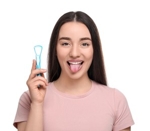 Happy woman with tongue cleaner on white background