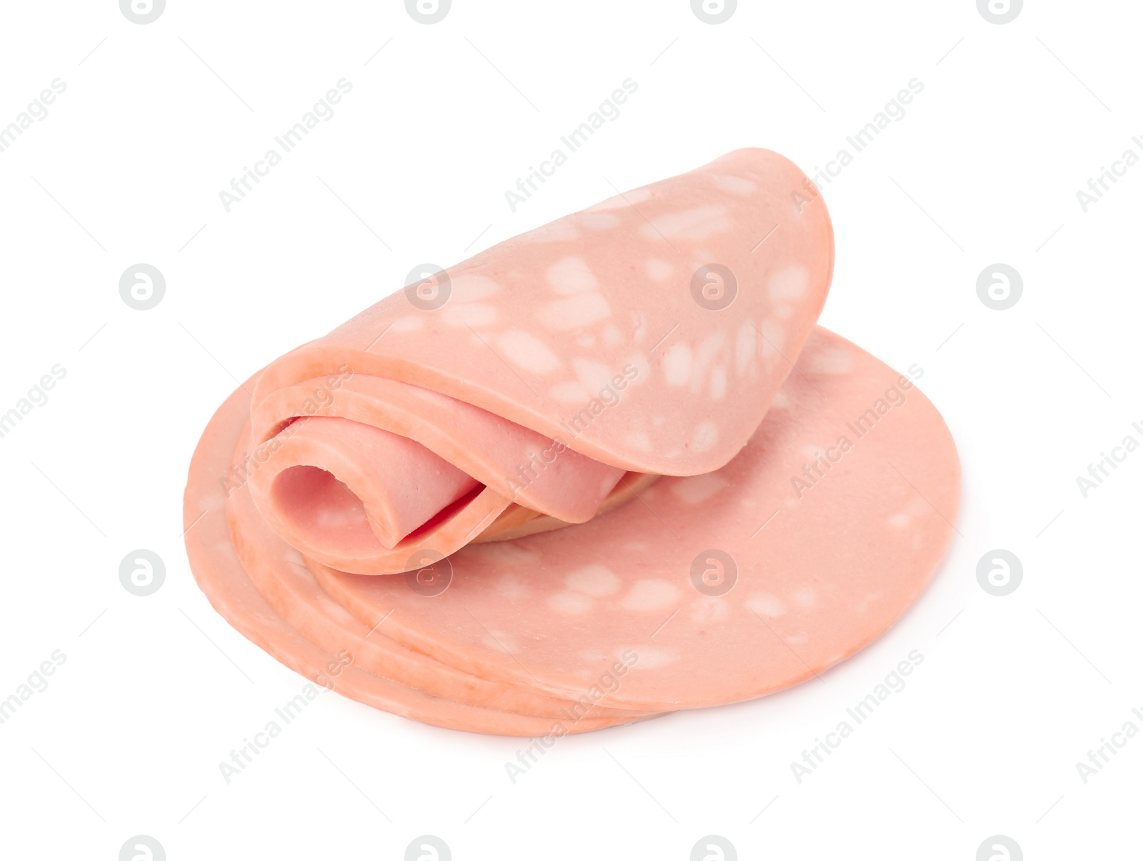 Photo of Slices of delicious boiled sausage on white background